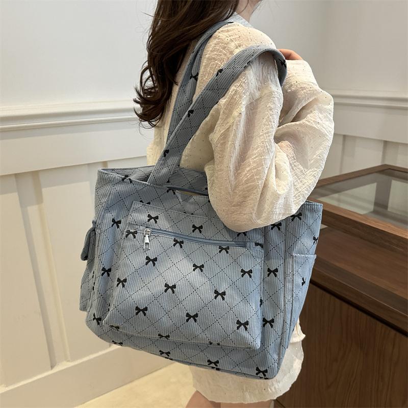 Bow Pattern Commuting Bag Corduroy Handbag Large Capacity Women Tote Bag Multi-pockets Fashion Shoulder Bag Casual Underarm Bags