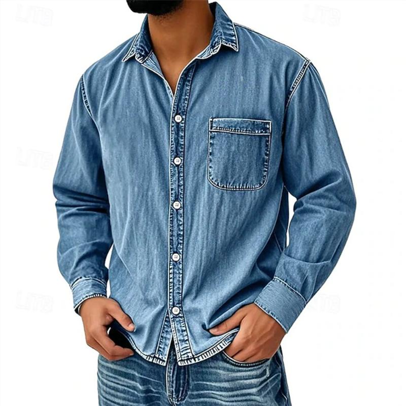 

Spring Autumn Men s Denim Shirts Safari Style Vintage Long Sleeve Cotton Solid Casual Shirt S світло-синій колір
