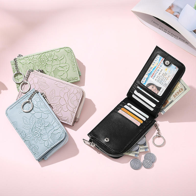 Card Holder Multiple Card Slots Zipper Card Bag Embossed Design Large Capacity Coin Purse Card Bag Wrist Strap Hand-Held Bag With Key Ring