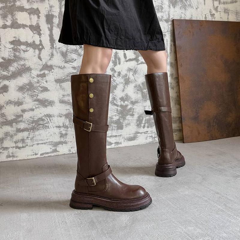 New Versatile Leather Martin Boots Medium Heel Round Head Thick Sole Non-slip Square Heel Large Tube Circumference High Boots Cowhide Women's Leat