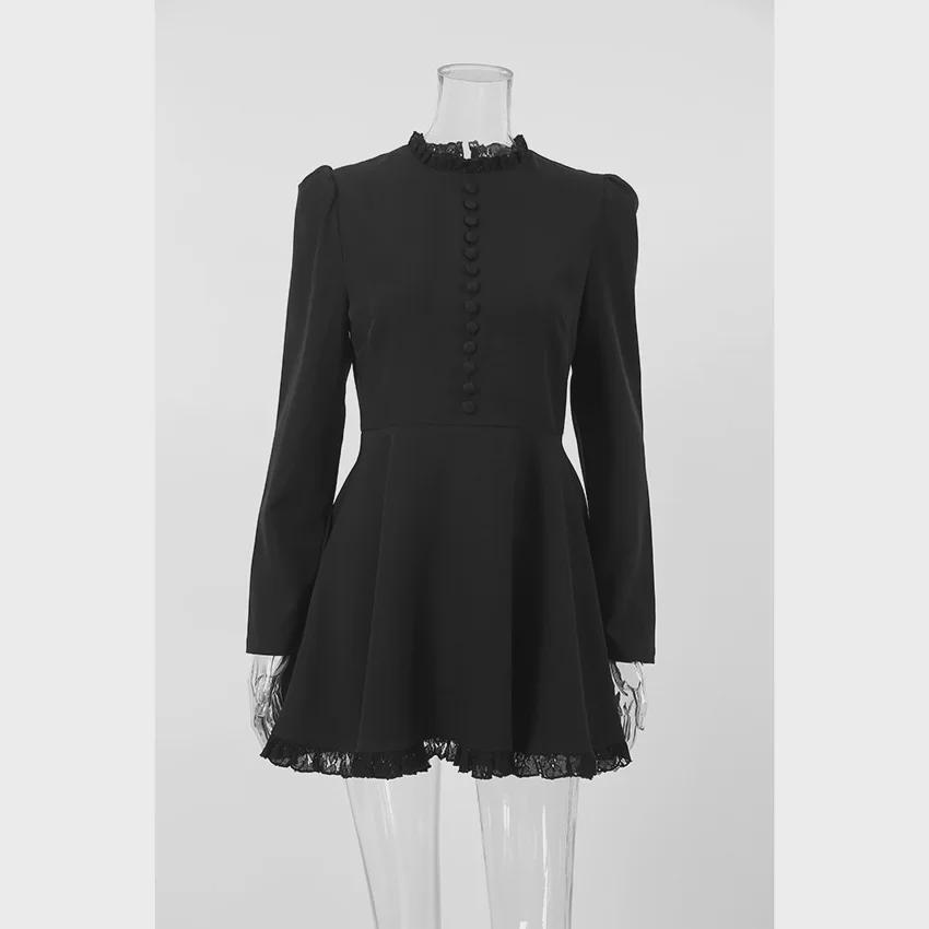 G2024 Fall/Winter Elegant Black Long Sleeve Round Neck Lace Dress