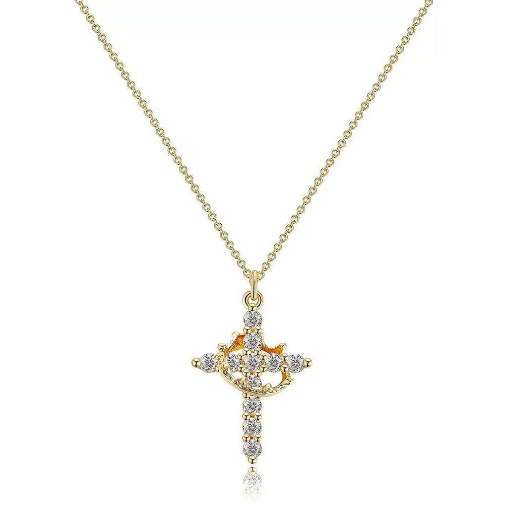Large Copper Zirconia Rotating Crown Cross Pendant Necklace - European/American Style