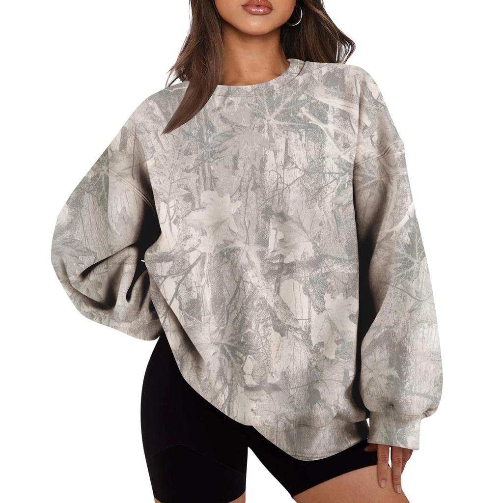 Women's Loose Fit Crew Neck Sweatshirt Long Sleeve Pullover Casual Sportswear Branch Pattern Printed Top