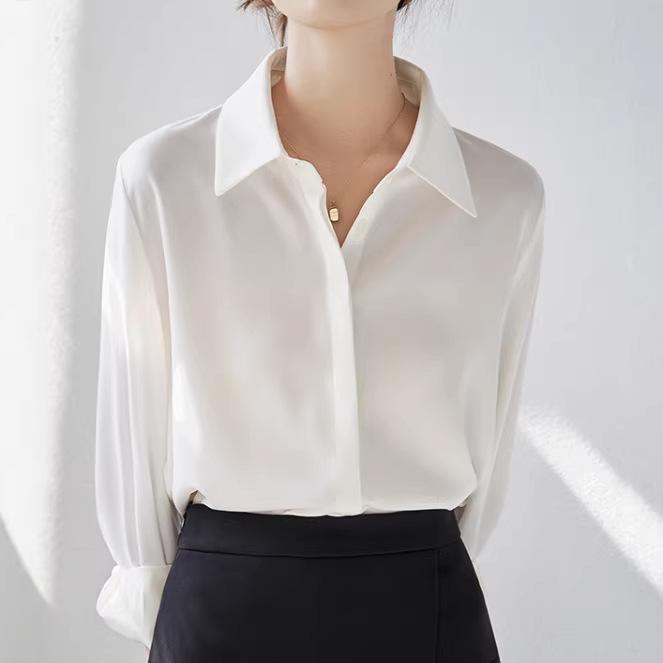 Women's Long Sleeve White Satin Shirt - Spring/Autumn 2026, High-Grade Acetate, Anti-Wrinkle, Perfect for Office Wear