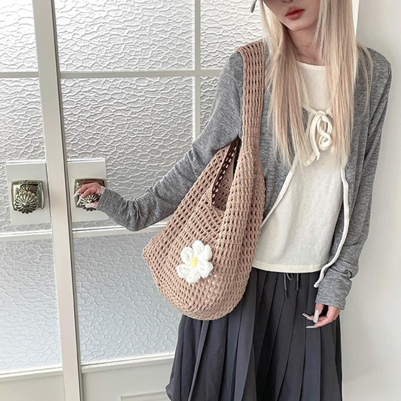 Solid Color Knitting Shoulder Bag Flower Large Capacity Bohemian Crochet Tote Bag Hollow Out Versatile Casual Woven Handbag