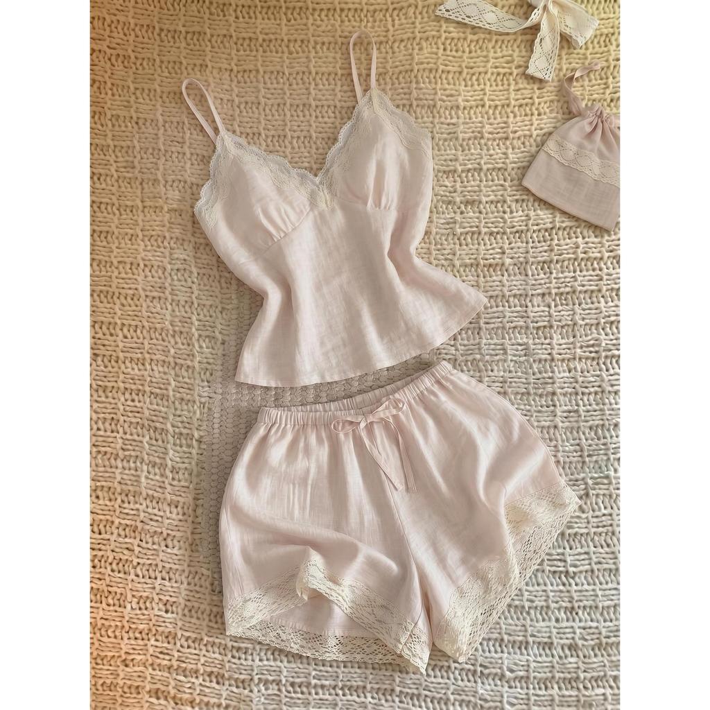 Simple lace lace with chest pad short-sleeved pajamas women's summer comfortable and skin-friendly shorts loungewear set can go out