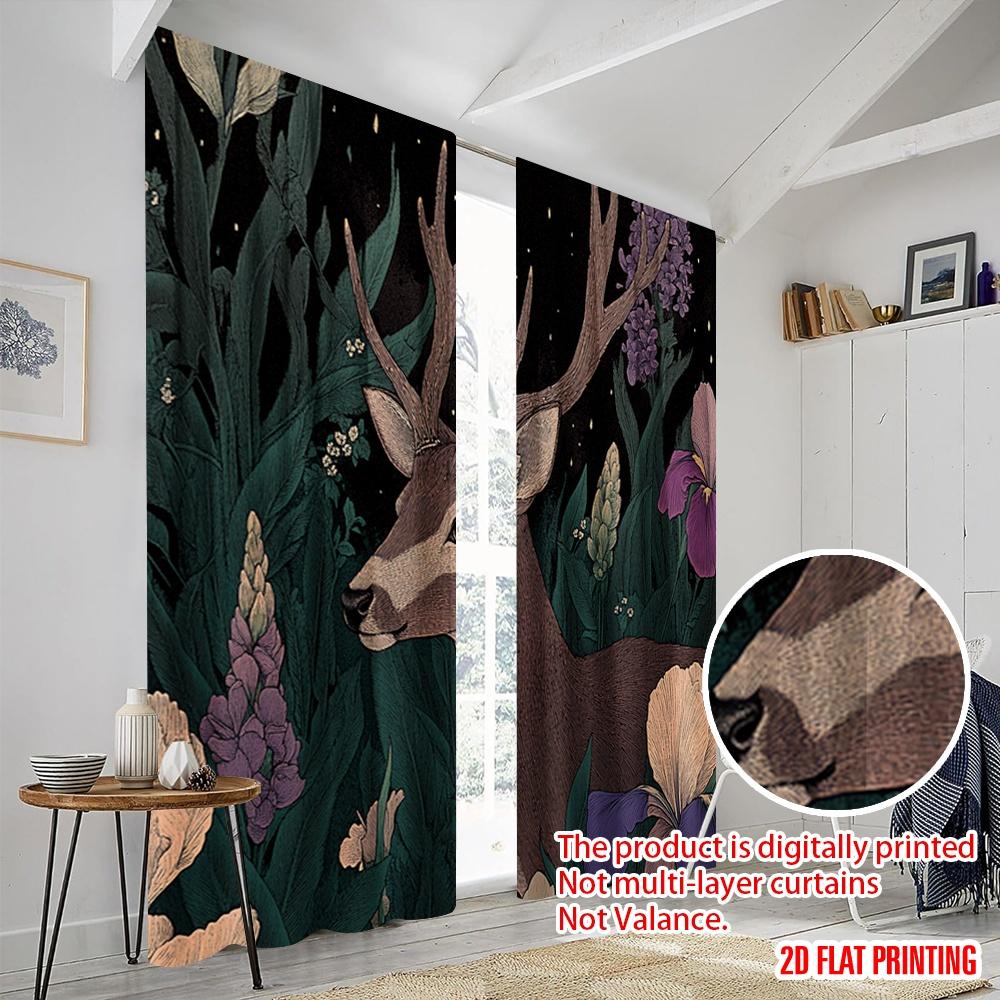 2pcs,2D plane printing Window Curtain Deer With Flowers Nature (2) Polyester Fabric (without rod) All Seasons Perfect for Living