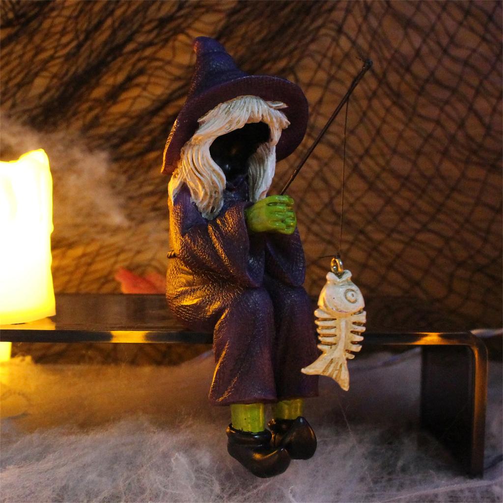 Halloween Fishing Witch Statue, 4.6" Tall Fishing Witch Ornament, Resin Sitting Witch Figurine Outdoor Decor For Garden Yard Lawn Pond
