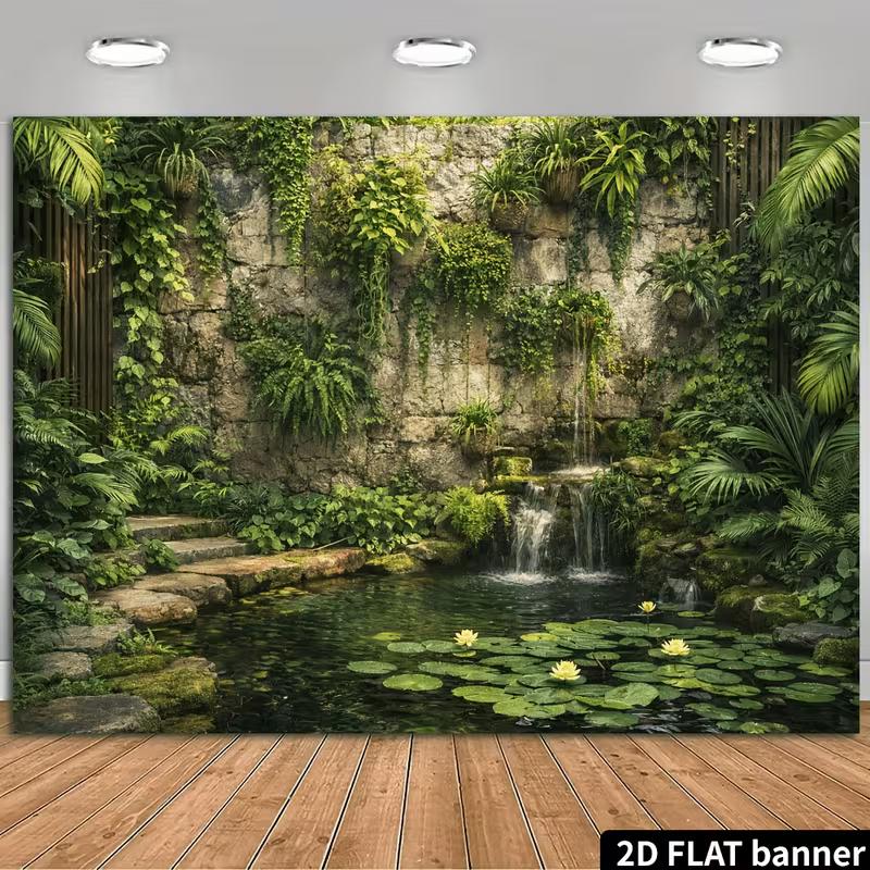 2D Lush Greenery Wall Mural with Waterfall and Lily Pads Photo Background
