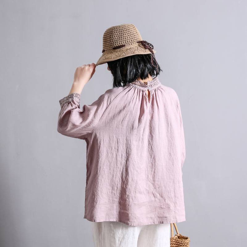 Johnature Summer Vintage Linen Patchwork Lace Loose Solid Color Women Shirts Simple Three Quarter Sleeve Tops