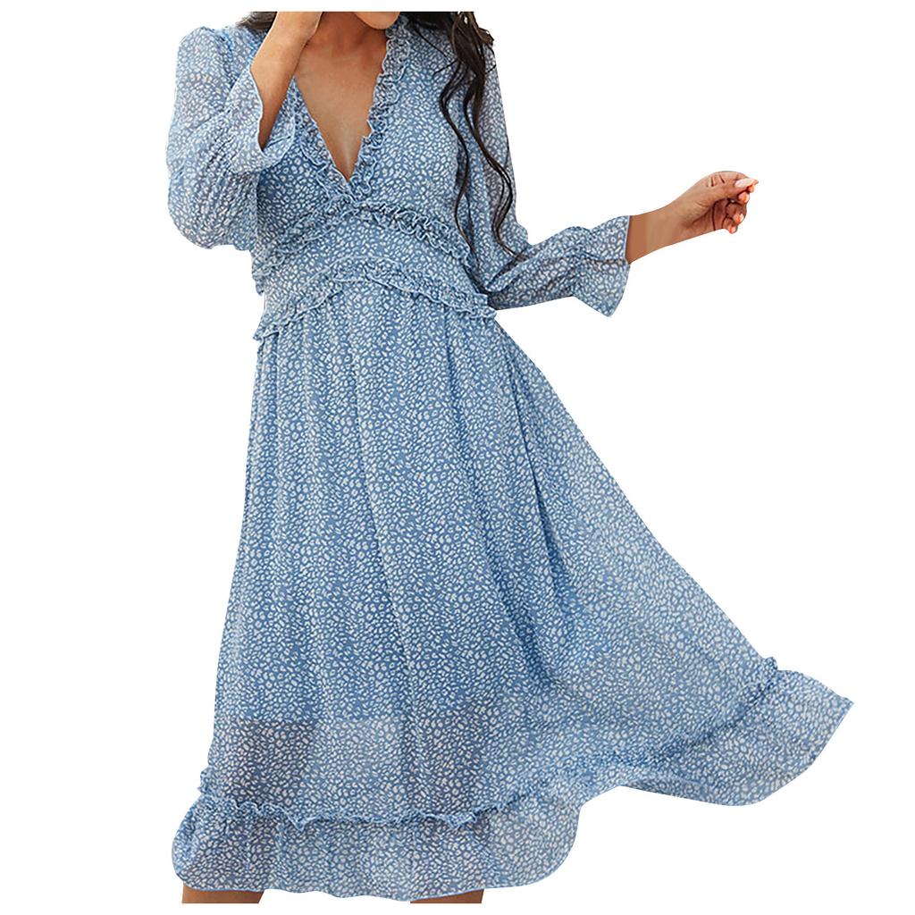 Women's Fashion Sexy Slim Casual V-Neck Chiffon Floral Dress