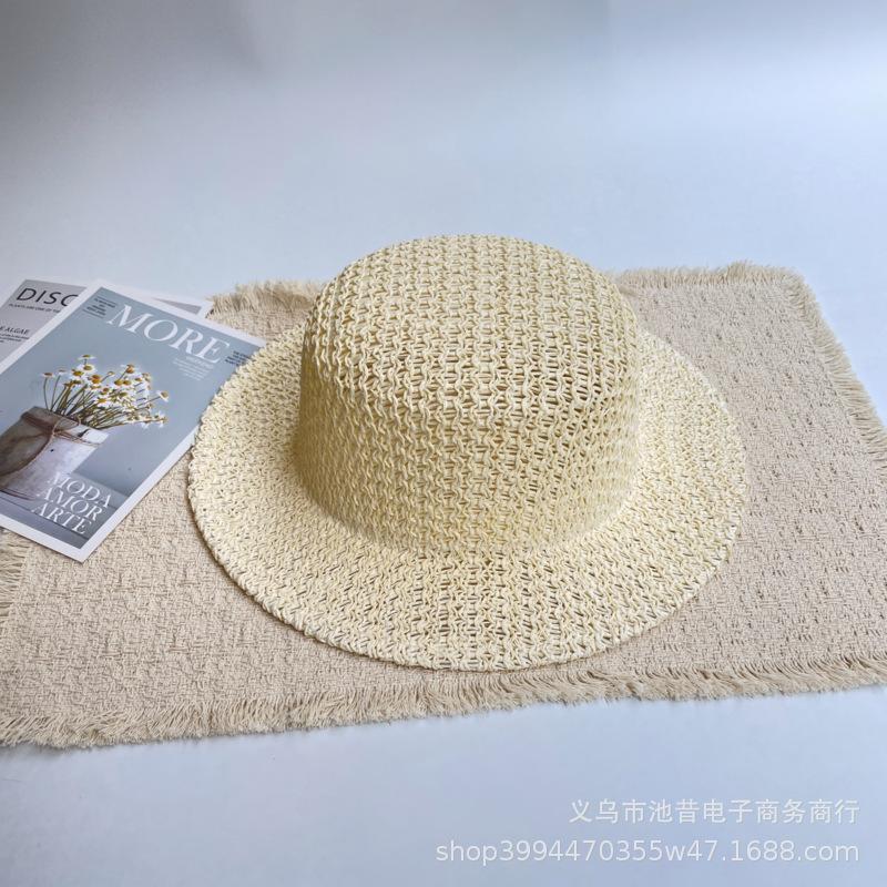Old Money Style Fashion Hollow Woven Flat Top Straw Hat Women's Fashion Summer Beach Vacation Sun Protection Shade Sun Hat Men