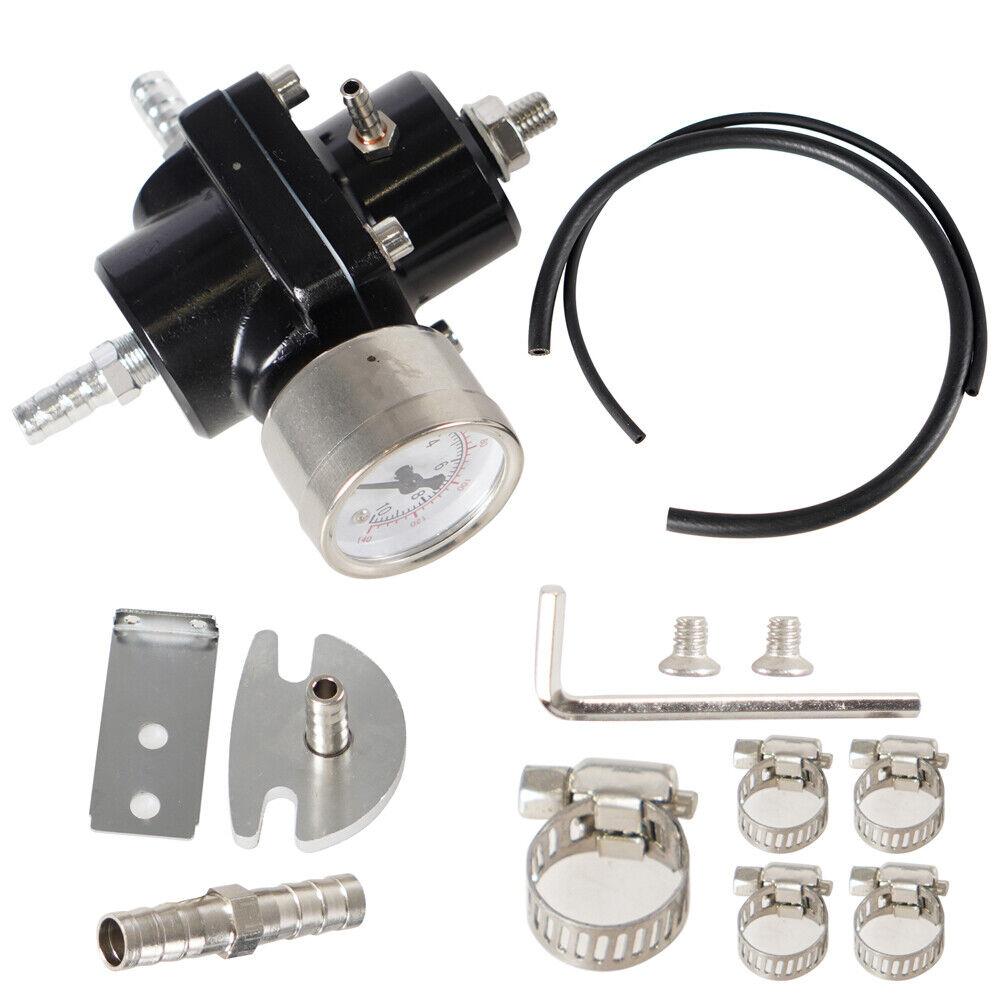 Aluminum Universal Adjustable Fuel Pressure Regulator + Gauge+ Fitting Kit Black