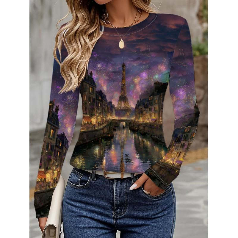 Womens Long Sleeve Crew Neck T-Shirt With 3D Flamingo Print Soft Milk Silk Fabric Loose Fit Casual 2025