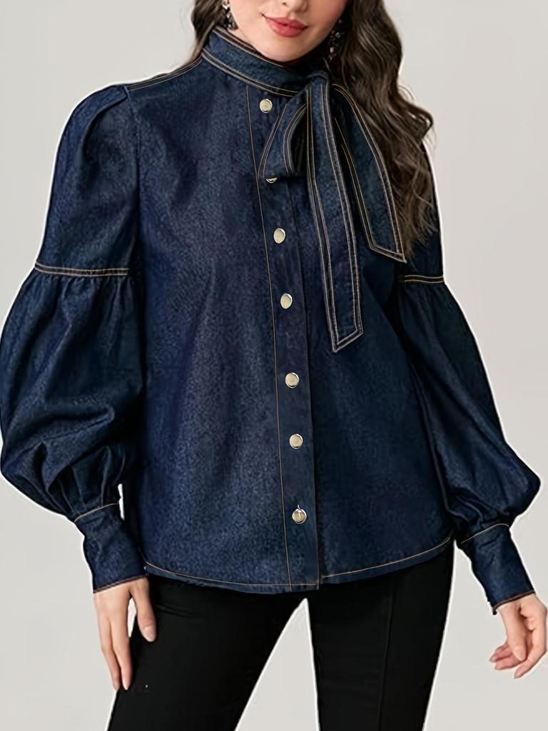2025 Trendiges Damen-Denimhemd im europäischen Stil mit Schnür-Fliege