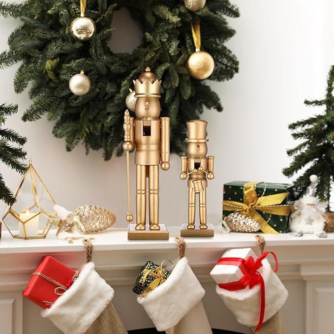 Golden Christmas Nutcracker Soldier King Figurine Wooden Statue Xmas Desktop Window Ornament Festive Home Party Decor Craft