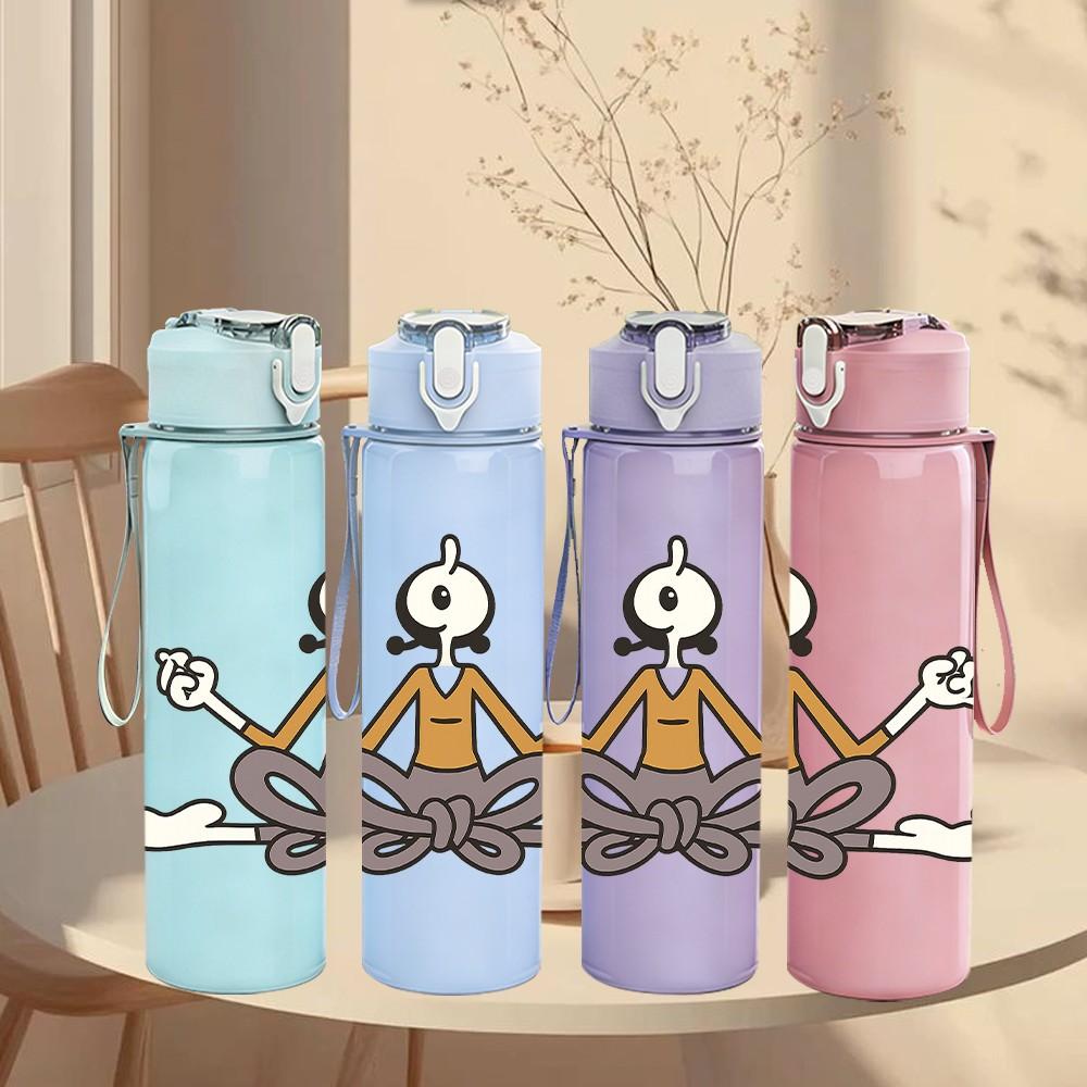 1PC Meditation Stick Figure Cartoon 750ml Color Plastic Sports Water Bottle Leakproof Flip Straw Lid Suitable for Sports Office Home Use