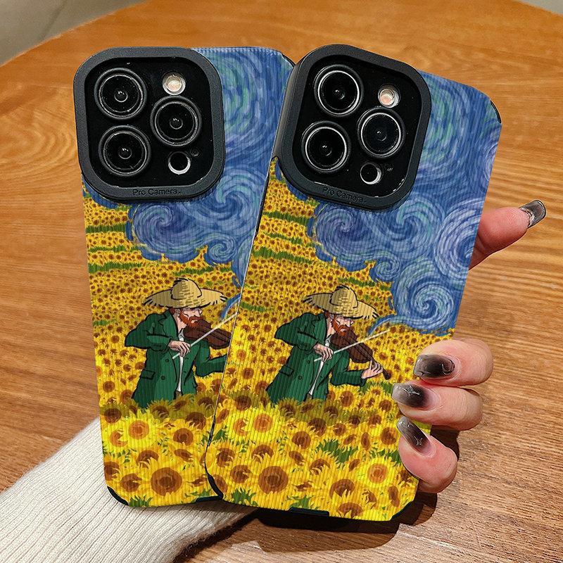 Vertical Leather Shell Sunflowers Painting Printed Patterned Shockproof Soft Silicone Case with Camera Lens Full Protection for IPhone Samsung
