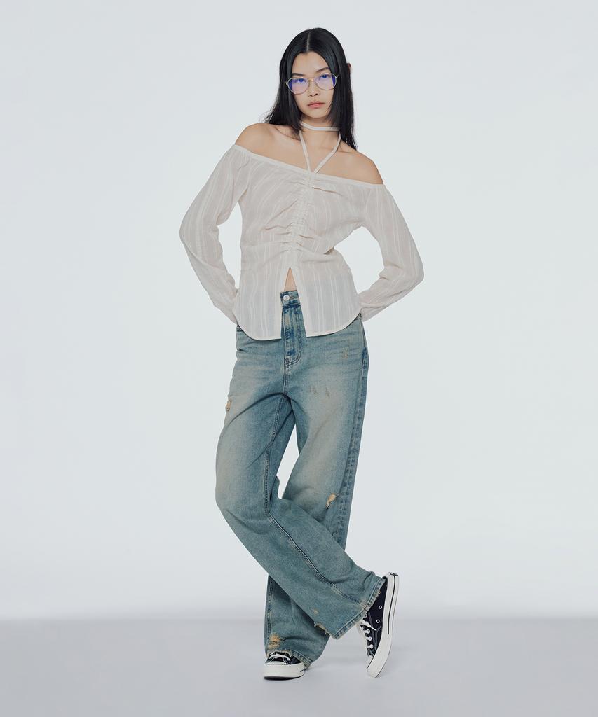 INSTANTFUNK Off-Shoulder Shirred Blouse