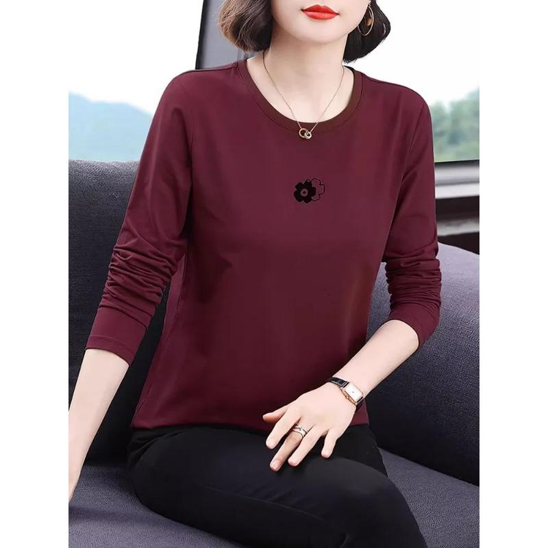 

Long-sleeved T-shirt for Women Autumn Middle-aged Mother s Wear New Round Neck Bottoming Shirt Thin Top L бордовий
