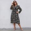 Women Chic A Line Dress High Waist Slim Fit V Neck Long Sleeve Printed Lace Up New Autumn Winter XL 5XL