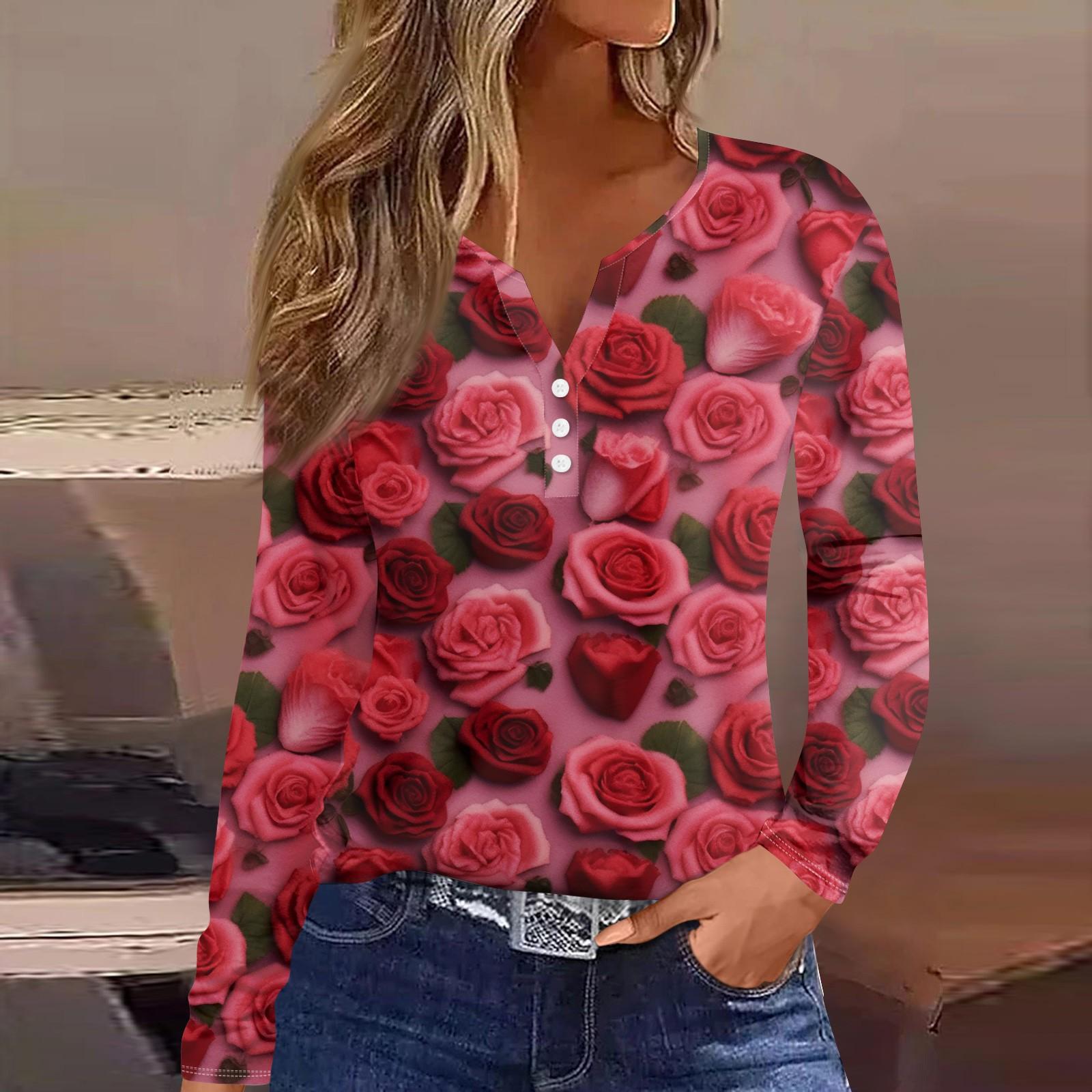 

Женская футболка с принтом на пуговицах, длинный рукав, повседневная мода на выходные, базовый топ с V-образным вырезом XL красный