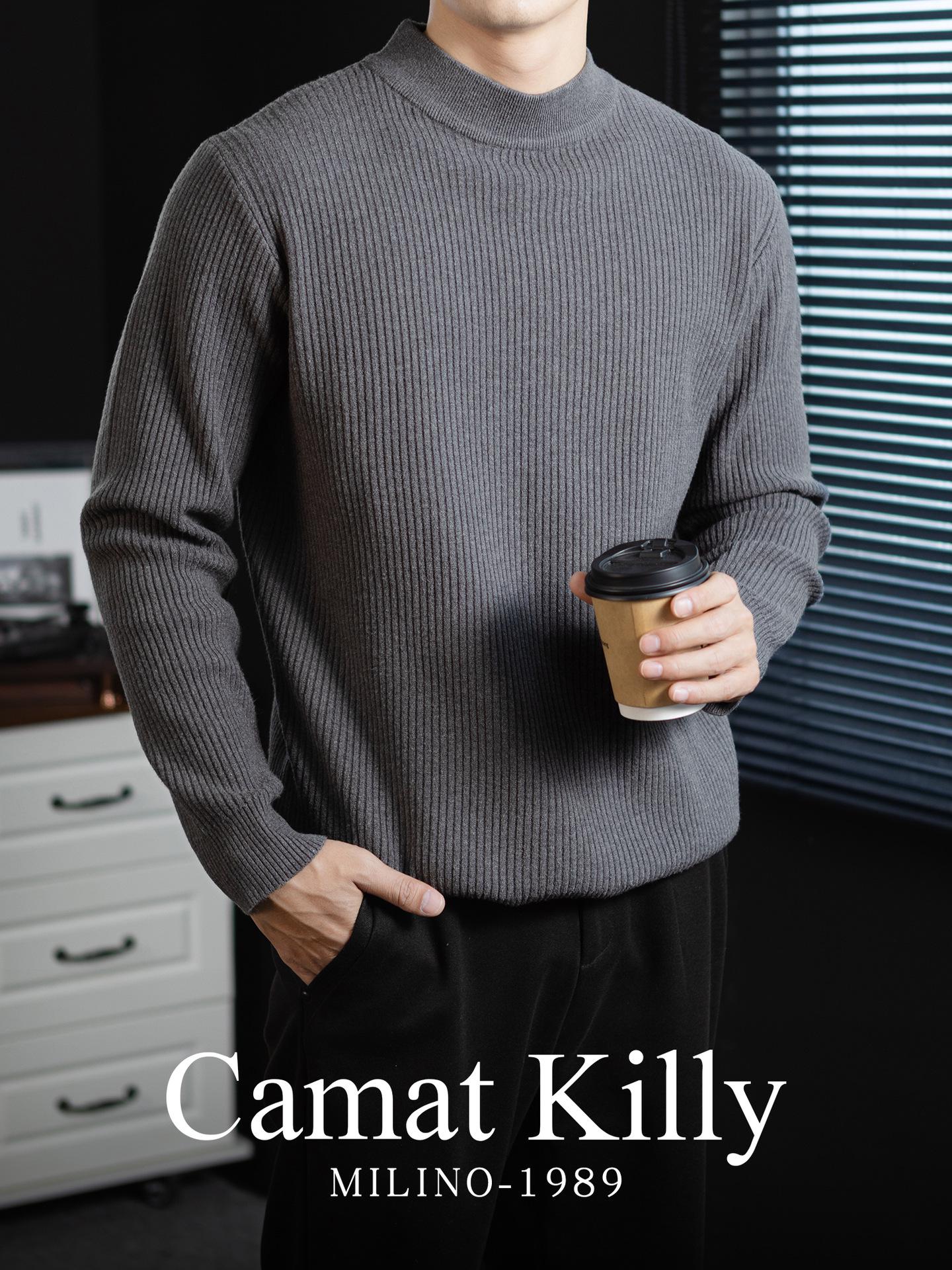 

High Intelligence Old Money | Men s Wool Striped Mid-Neck Sweater - Warm Autumn/Winter Style, Heat-Retaining Knitwear XL темно-сірий