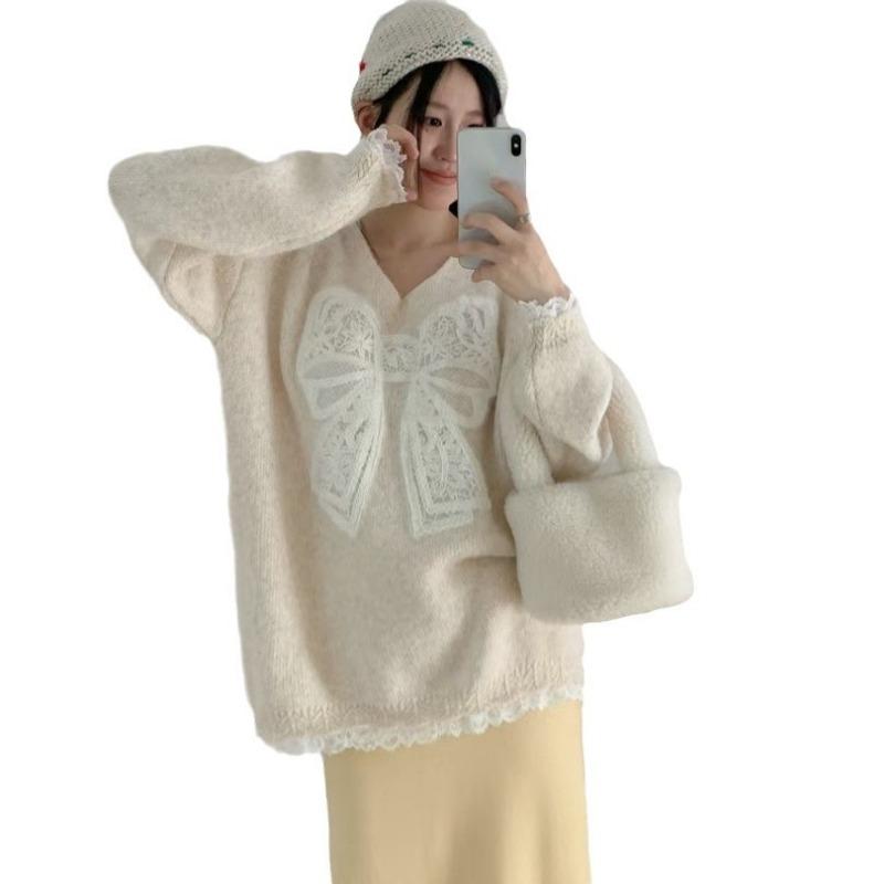 Herbst und Winter neue lockere weiche wachsige Strickpullover-Oberteile Spitze Schleife fauler Stil Pullover Damen