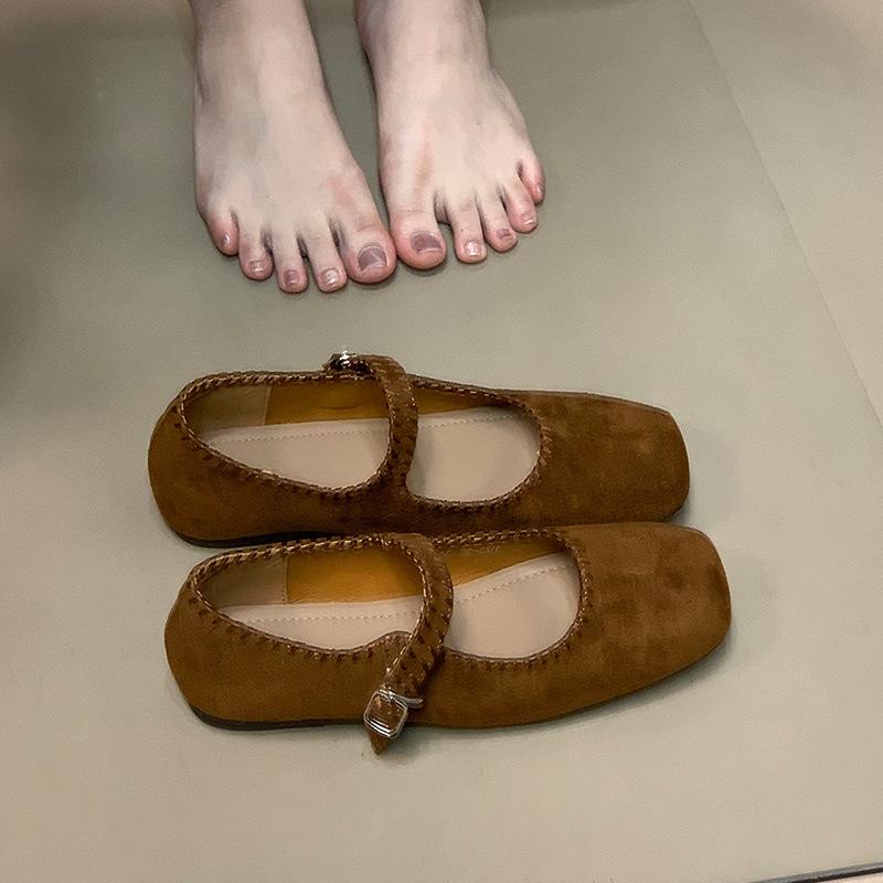 Retro handmade shoes soft leather one-word buckle Mary Jane flat-soled single shoes women's new round head shallow mouth soft-soled ballet shoes