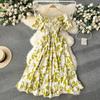Summer Floral Off Shoulder Dress Women High Waist Short Sleeve Ankle Length Spring Casual Fashion