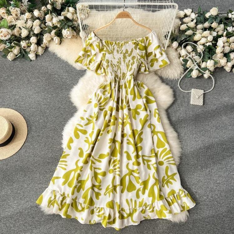 Summer Floral Off Shoulder Dress Women High Waist Short Sleeve Ankle Length Spring Casual Fashion