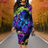 Women Plus Size Round Neck Long Sleeve Bodycon Midi Dress White Base Vibrant Multicolor Butterfly Print Pencil Dress