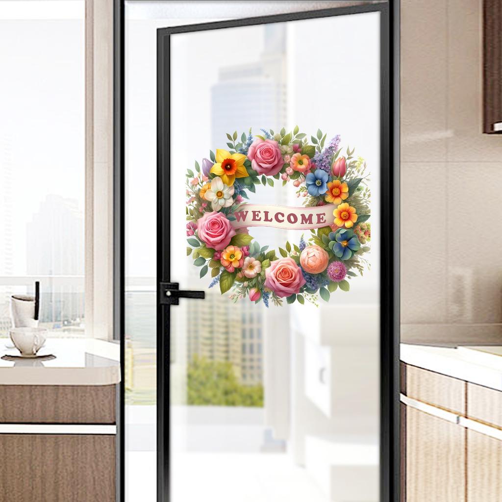 Welcome Wreath Static Cling Window Sticker Self-Adhesive Removable Bedroom Living Room Balcony Glass Door Home Decor Art