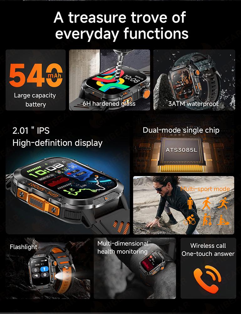 New Military Outdoor GPS Smart Watch Men LED Flashlight Compas Bluetooth Call 2.01" Screen 5ATM Waterproof Sports Smartwatch