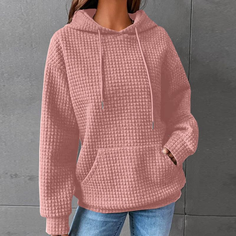 

2023 Women s Waffle Knit Hooded Long Sleeve Solid Sweatshirt – Casual Versatile Autumn/Winter Top S рожевий