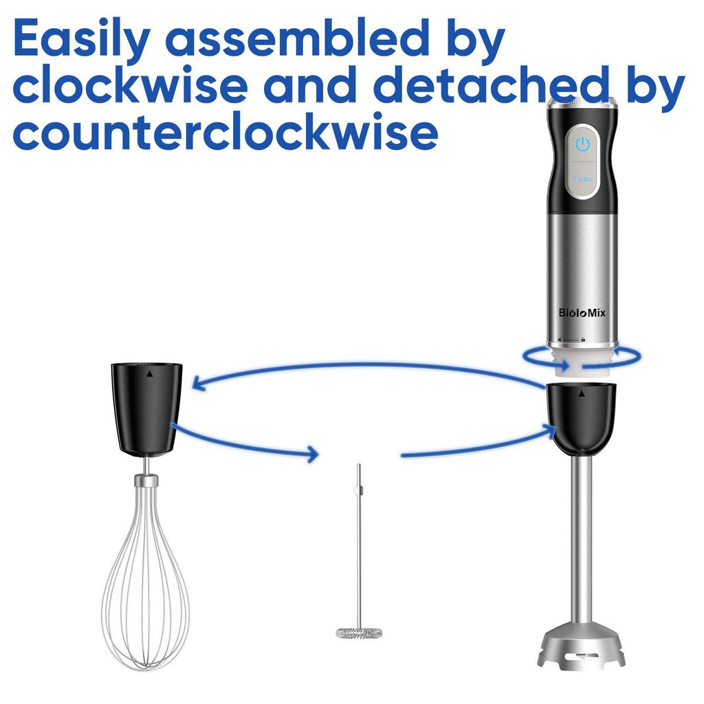 BioloMix HB‑3016 Black 1000W 3‑in‑1 Hand Blender 30‑Speed Turbo Immersion Blender