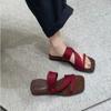 Sheepskin~ 4cm Height Increase Temperament Square Head Wrap with Sandals Slope Heel Thick-soled Slippers Women's Summer Sandals