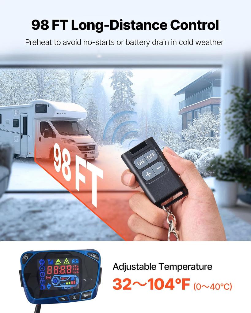 VEVOR Diesel Air Heater, 12-24V 5-8KW, Fast Heating Diesel Parking Heater with Remote Control and Blue LCD Switch, Low Noise, Pre-Heating Function