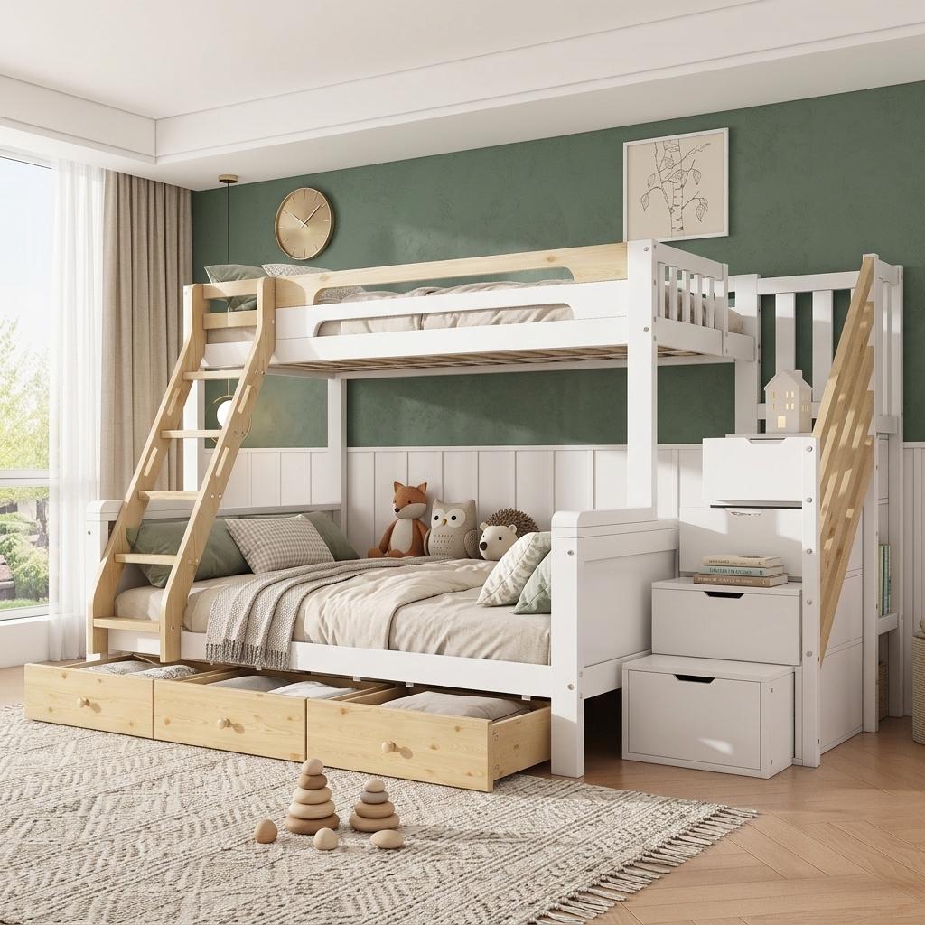 Bunk bed 90x200/140x200 cm white & natural, family bed made of wood with storage stairs, ladder, 3 bed drawers and fall protection for children's room