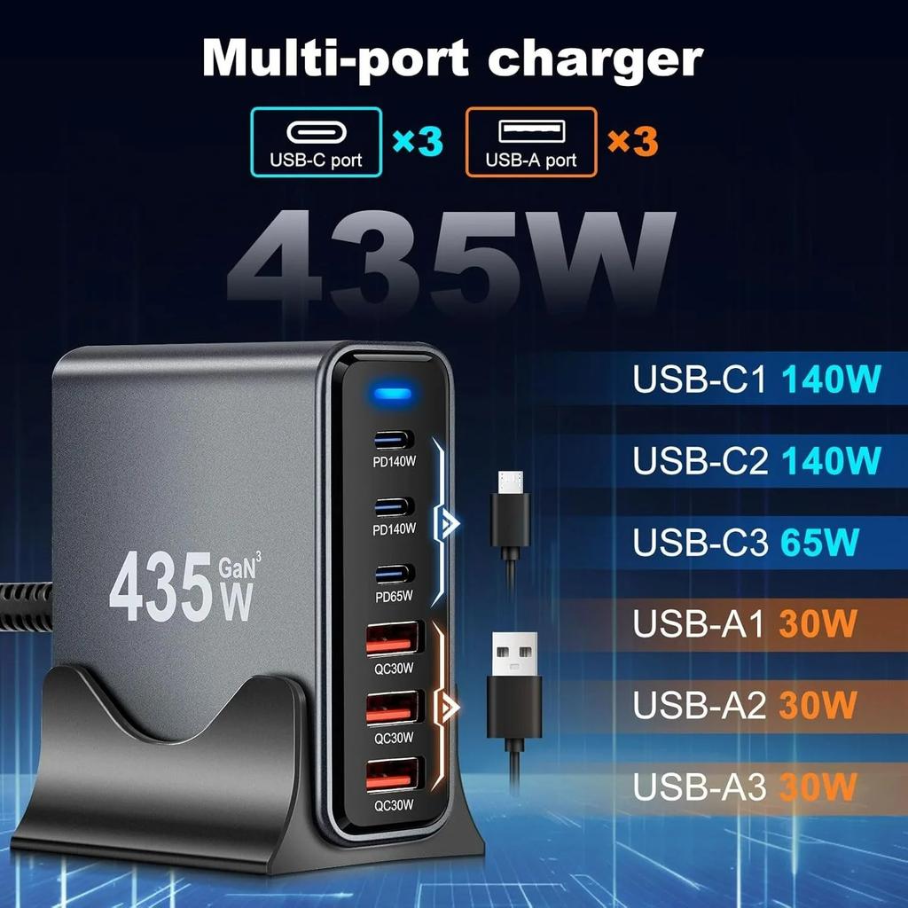 Desktop Charging Station 6 Port GaN USB C Charger 3 USB C 3 USB A Fast Charger for Laptop Tablet IPhone Android