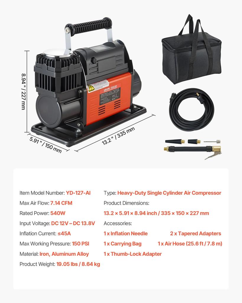 VEVOR 12V Heavy Duty Air Compressor, Auto-Stop Portable Tire Inflator with LCD Digital Display