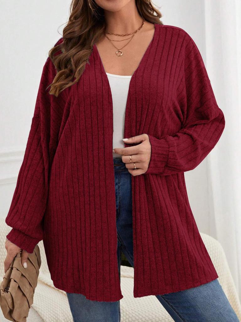 Brushed Solid Color Knit Plus Size Women's Coat - Autumn & Winter, Long-Sleeved, Loose Mid-Length