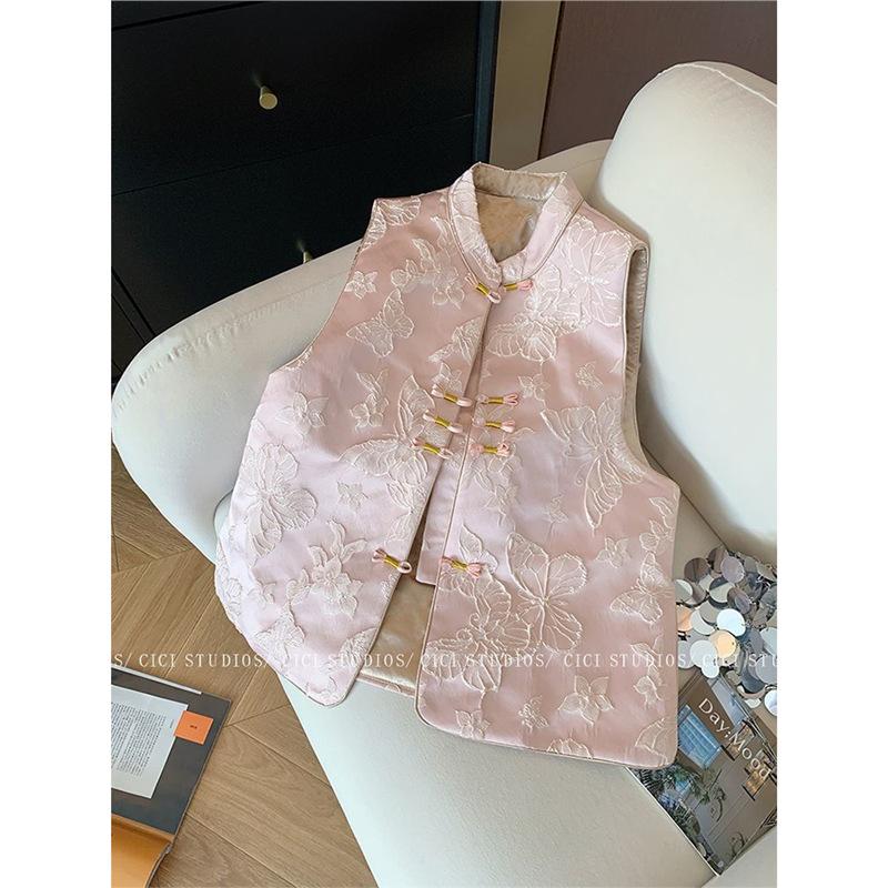 Spring new high-end vest femininity vest top butterfly relief jacquard stand-up collar vest female