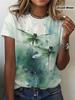Women's Watercolor Green Dragonfly Print T-Shirt - Elegant Casual Round Neck Top. Soft Breathable Fabric. Machine Washable. All-Season Comfort for Dai