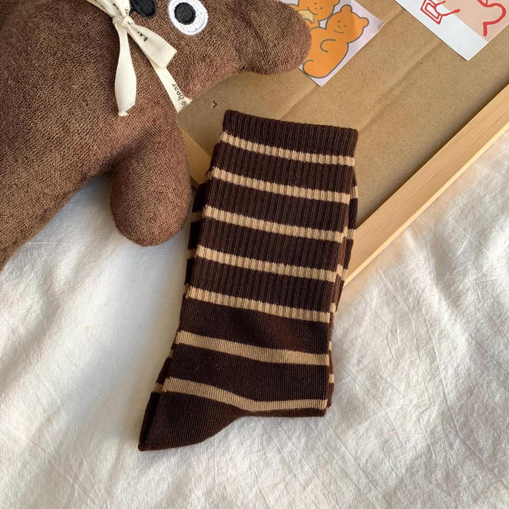Maillard Women's Striped Mid-Calf Socks - Spring & Autumn Korean Style with Shark Pants