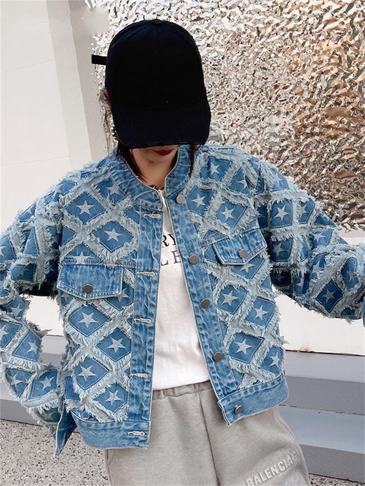 Geometric Jean Jacket for Women  New Fashion Autumn Winter Long Sleeve Denim Jacket Streetwear Single Breasted Coat