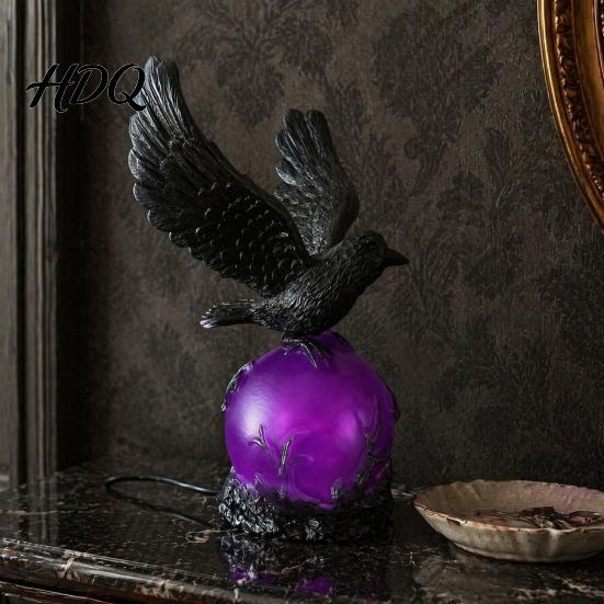 Dark Academia Decor Gothic Raven LED Ball Lamp Mysterious Crow On Orb Sculpture Lamp Resin Halloween Decorative Table for Bedside Bedroom