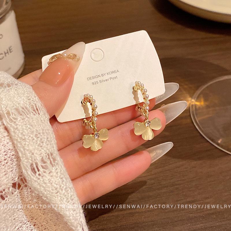 French opal clover pearl earrings women s unique temperament flower stud earrings