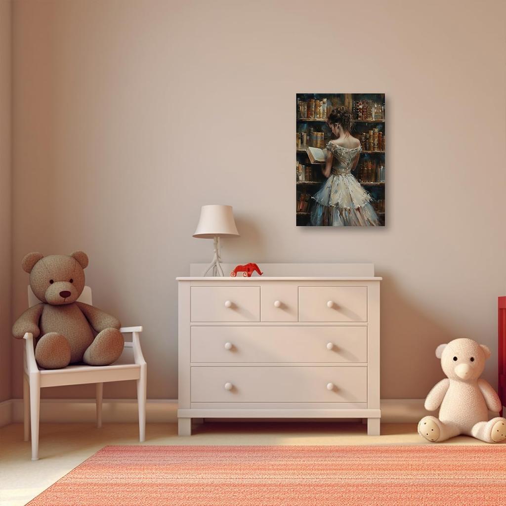 PBXBJY Vintage Female Canvas Wall Art Girl Reading Book Pictures Retro Women Painting Print Classroom Bedroom Gallery Girls Room Decor Frame (24L X