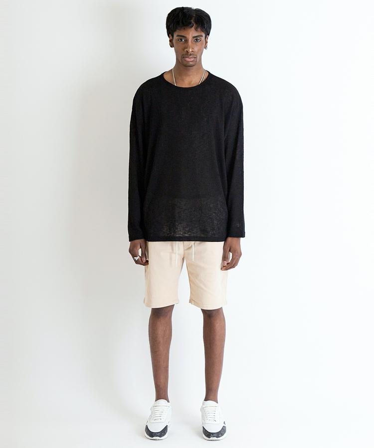 Seuteulaikeu Drop Shoulder Loose Fit Linen T-Shirt (Black)